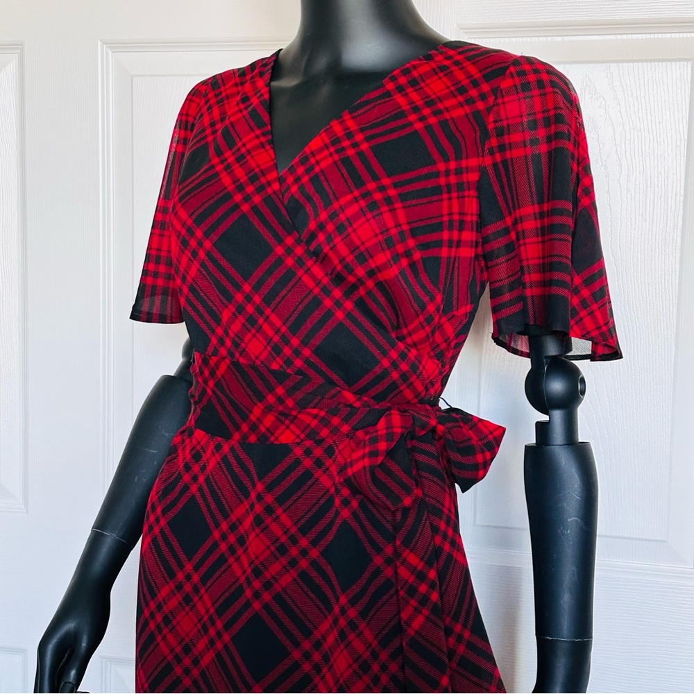 Ralph Lauren red plaid chiffon dress belted flatter short sleeve size 2 - Picture 3 of 14